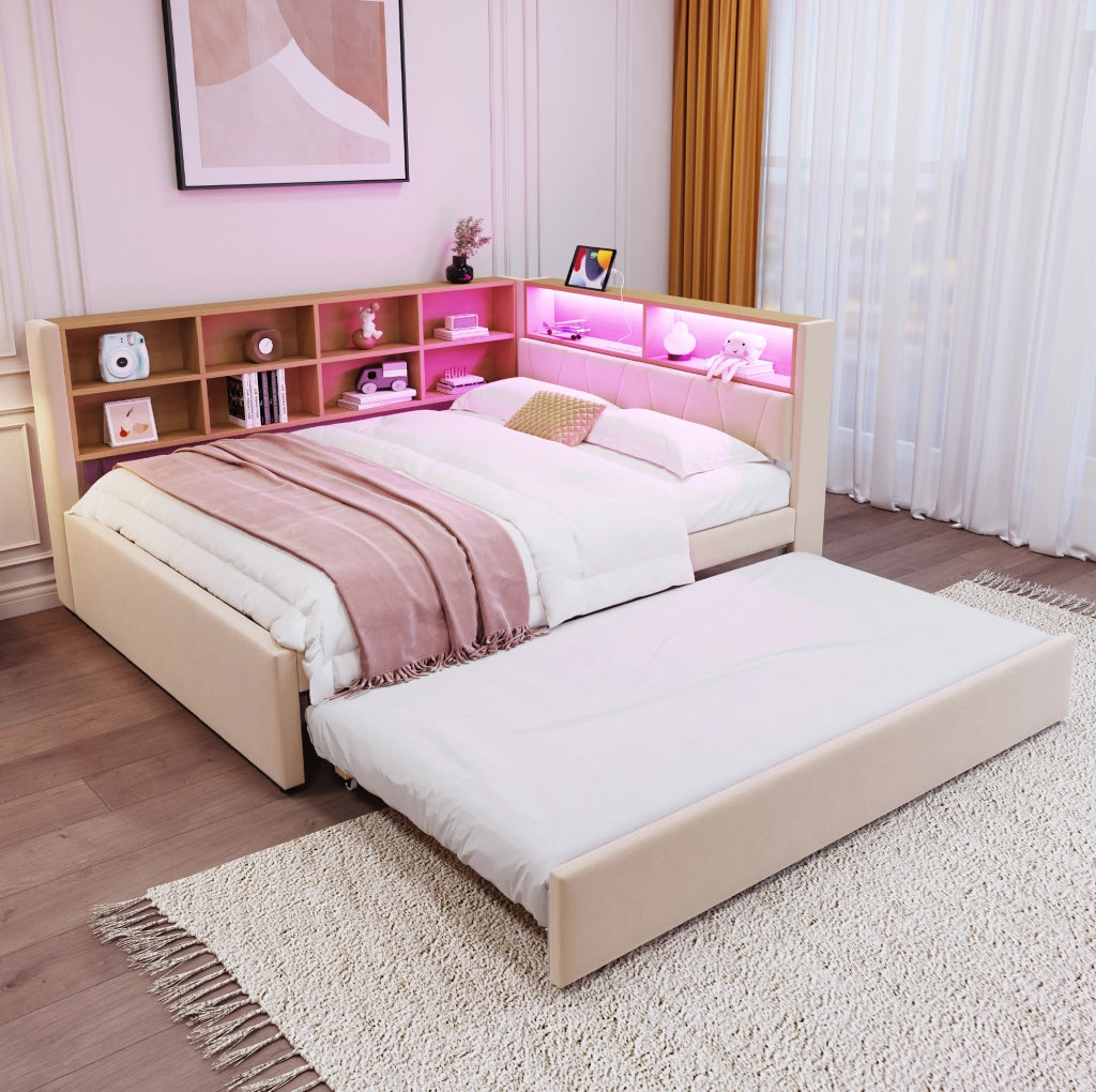 Divano letto 140x200 cm con letto estraibile 90x190 cm; LED e porte di ricarica in flanella