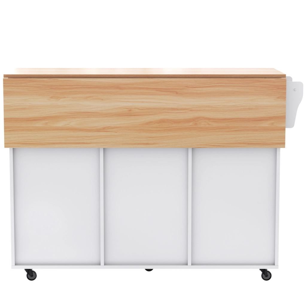 Carrello isola da cucina in MDF con piano pieghevole; 2 cassetti e 5 ruote; bianco e naturale