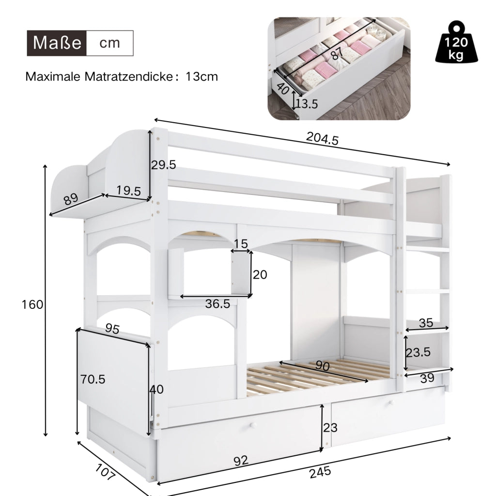 Letto a castello per bambini 90x200 cm con scrivania pieghevole; 2 cassetti; legno bianco