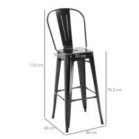 Set 4 Sgabelli Ergonomici con Schienale Rimovibile e Poggiapiedi, Sgabelli da Cucina in Metallo, 44x46x116 cm, Nero