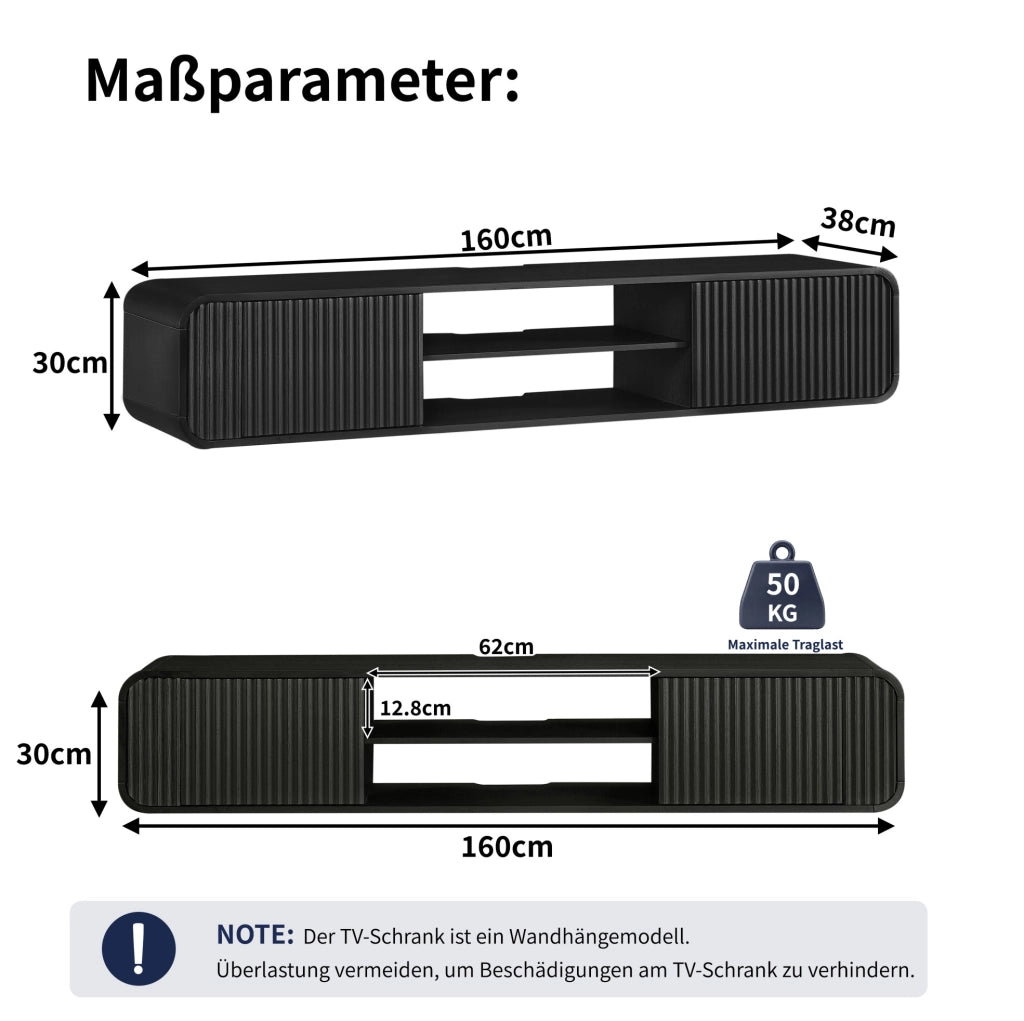 Mobile TV da parete 160 cm con ripiani aperti, mobile sospeso nero per soggiorno e camera