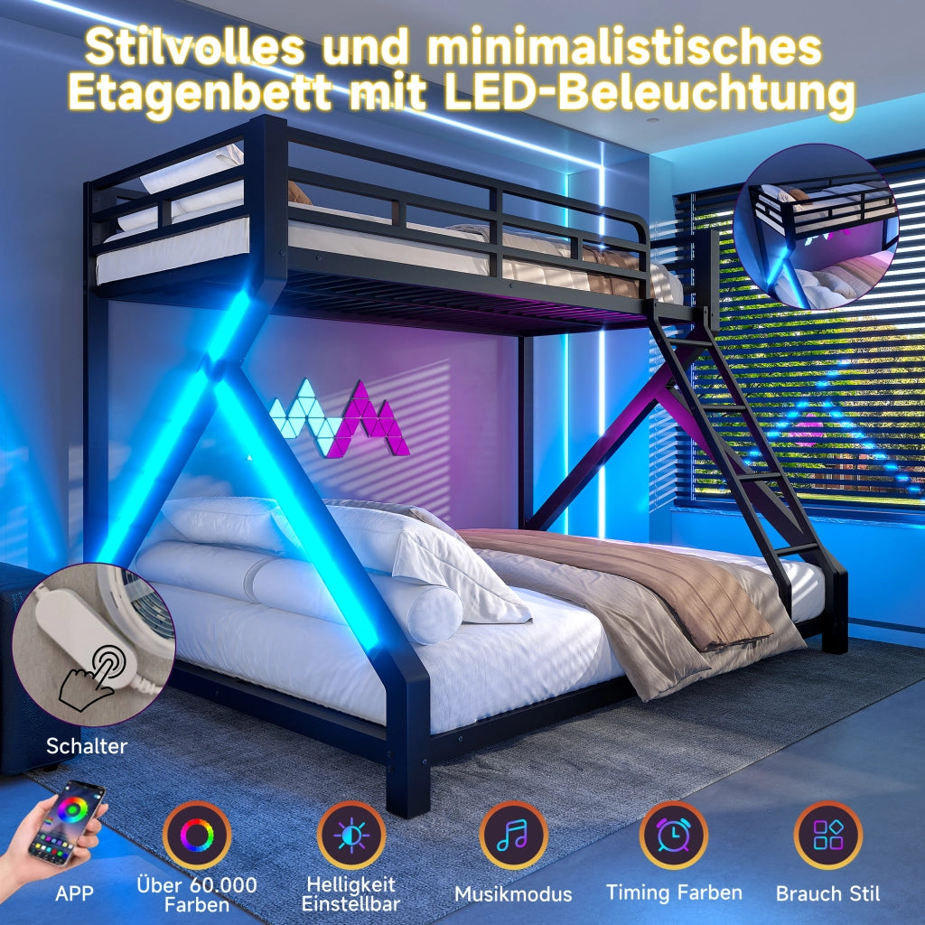 Letto a Castello 90x200 cm e 140x200 cm; LED e Scala - in Metallo - Nero