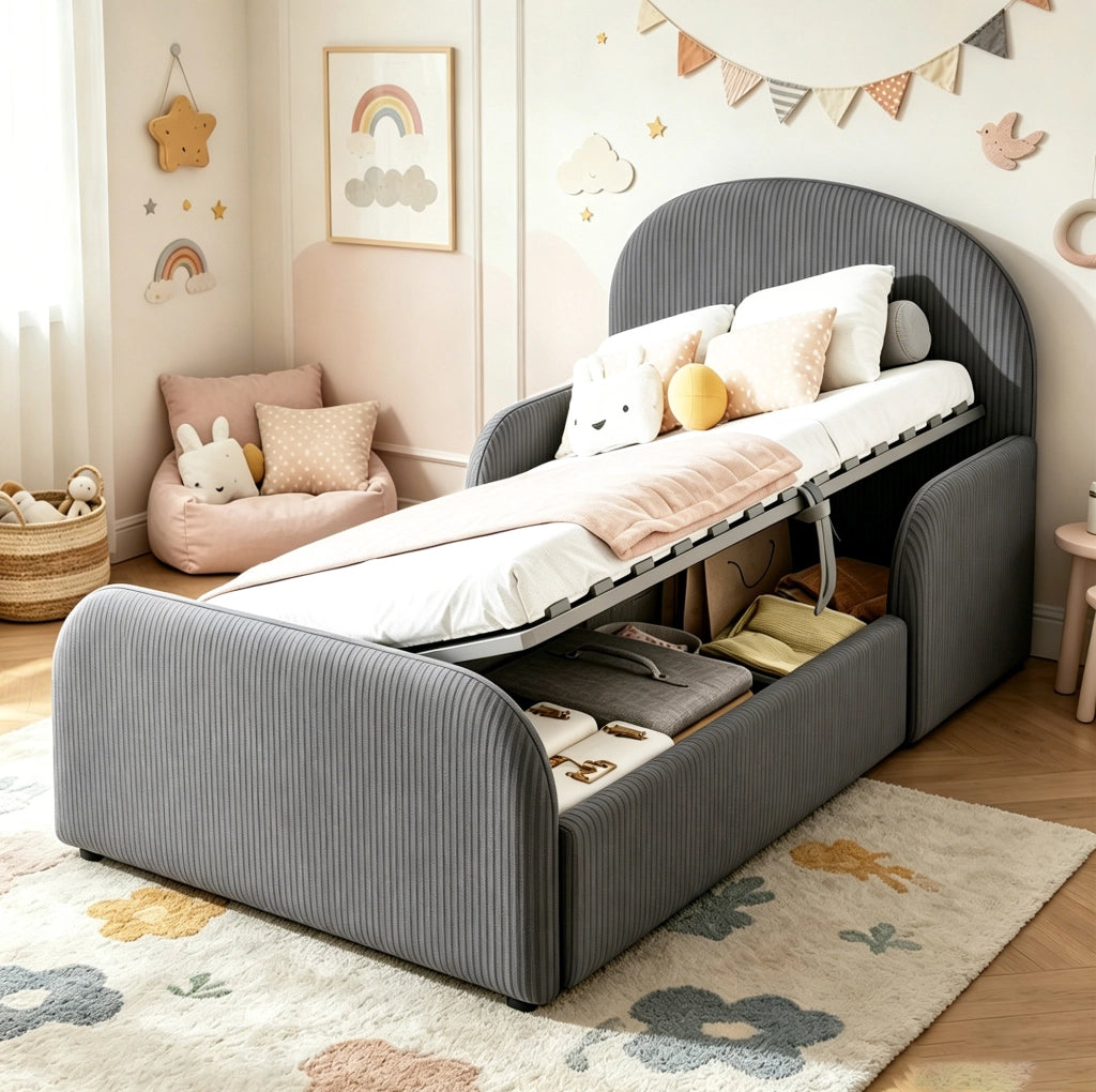 Letto imbottito per bambini 90x200 cm con contenitore idraulico e sponde laterali grigio