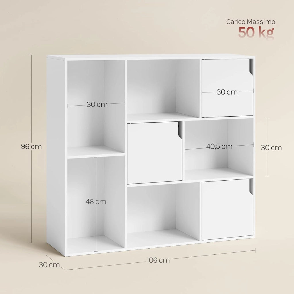 8 Cubo di Stoccaggio, Libreria a 3 Piani con 3 Ante, Scaffale in Piedi Libreria in Legno, Soggiorno Credenza Espositore Cubo Scaffale, per Camera da Letto, Corridoio, Ufficio, Bianco, SK056ws