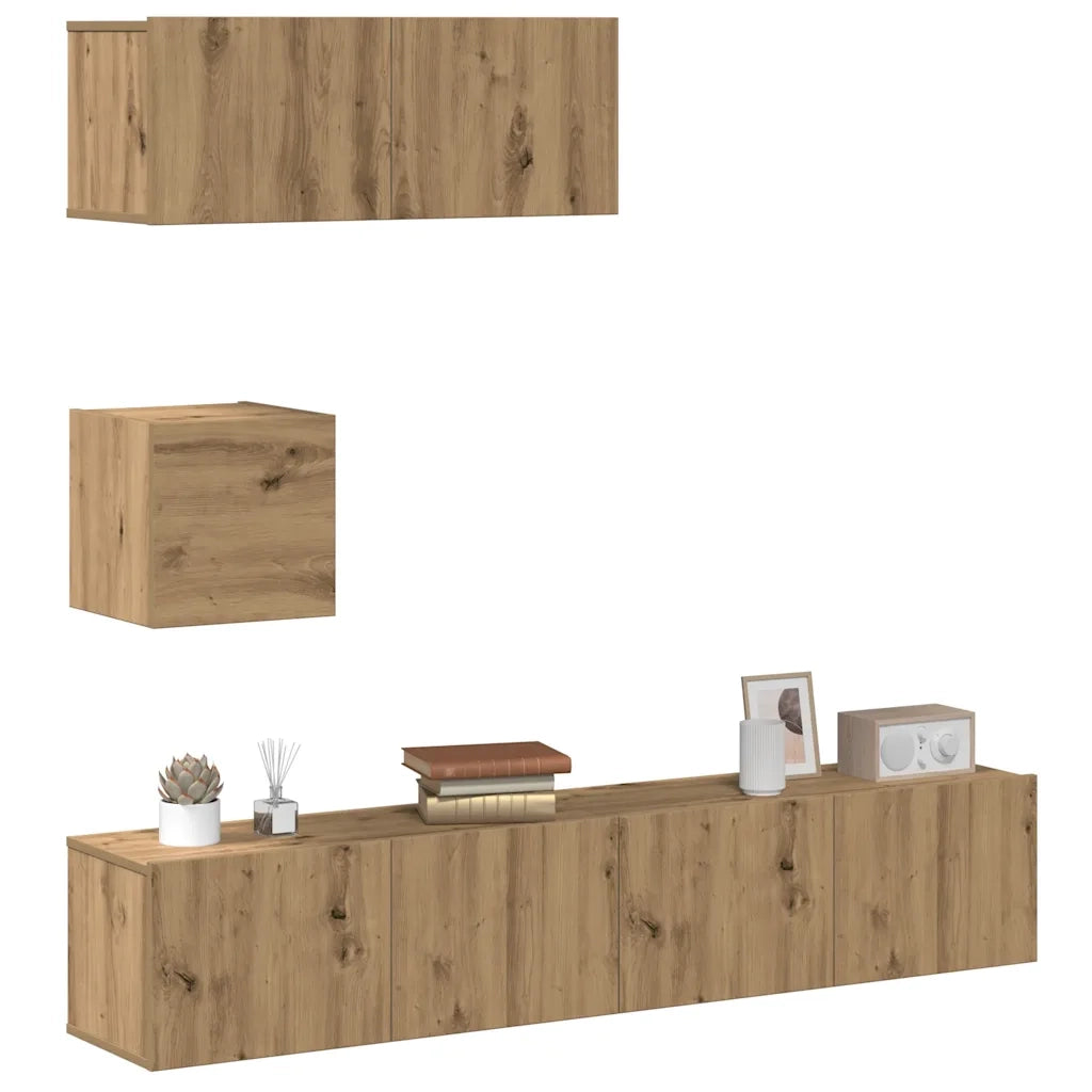 Set Mobile TV 4 pz Montato a Parete Rovere in Legno Multistrato 3329156