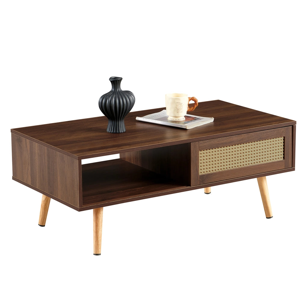 Tavolino da salotto in rattan con porta scorrevole; gambe in legno massello; stile naturale; per soggiorno; marrone; MDF