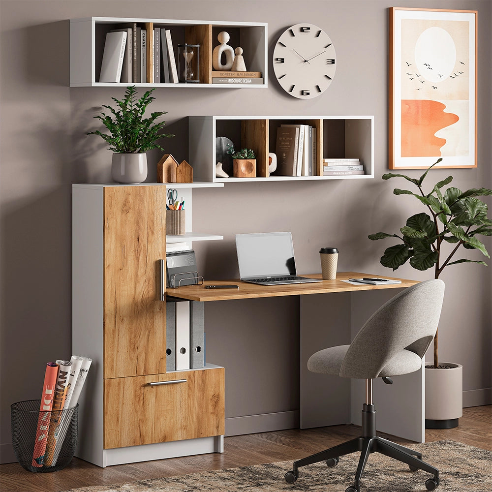 Set scrivania Tomy Bianco/Rovere dorato 150 x 59 cm Set di 3 come 2 ripiani + scrivania Vicco