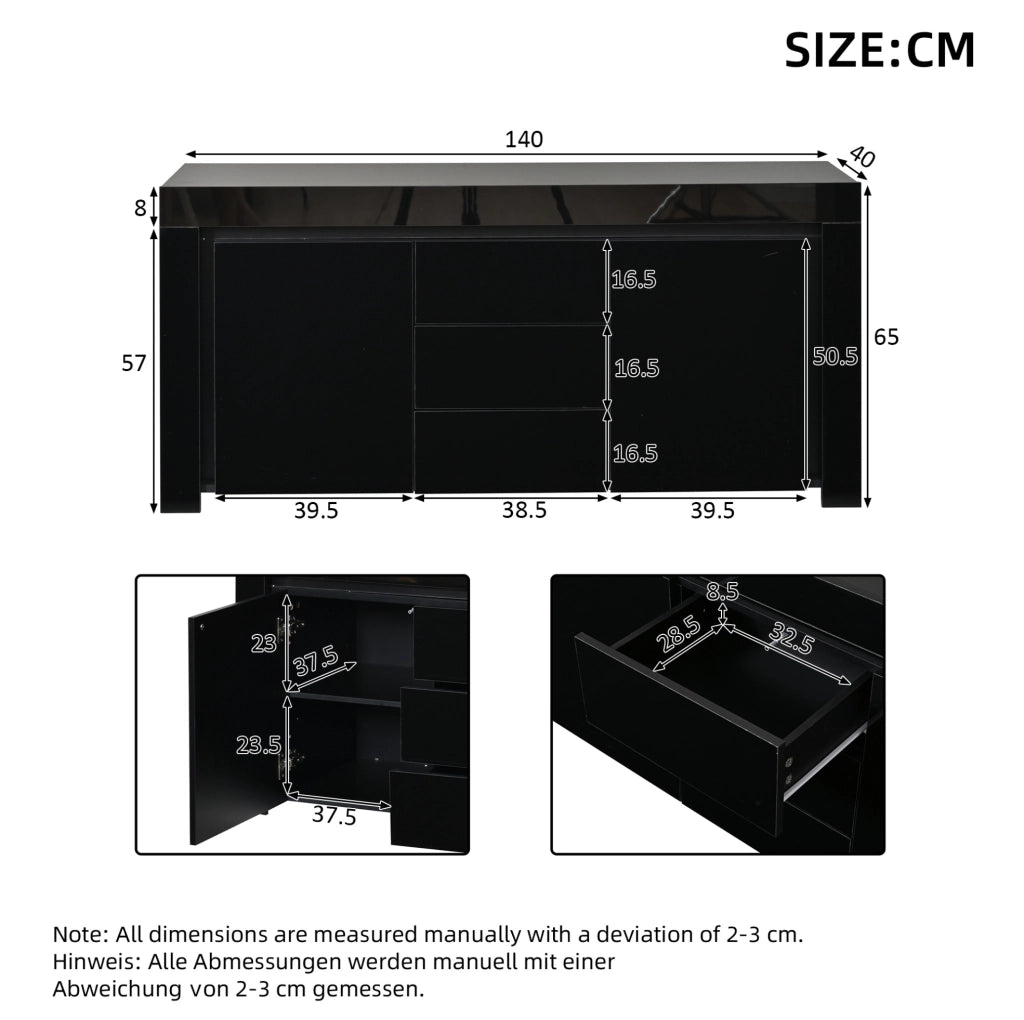 Sideboard nero lucido con LED, 2 ante e 3 cassetti 140 cm