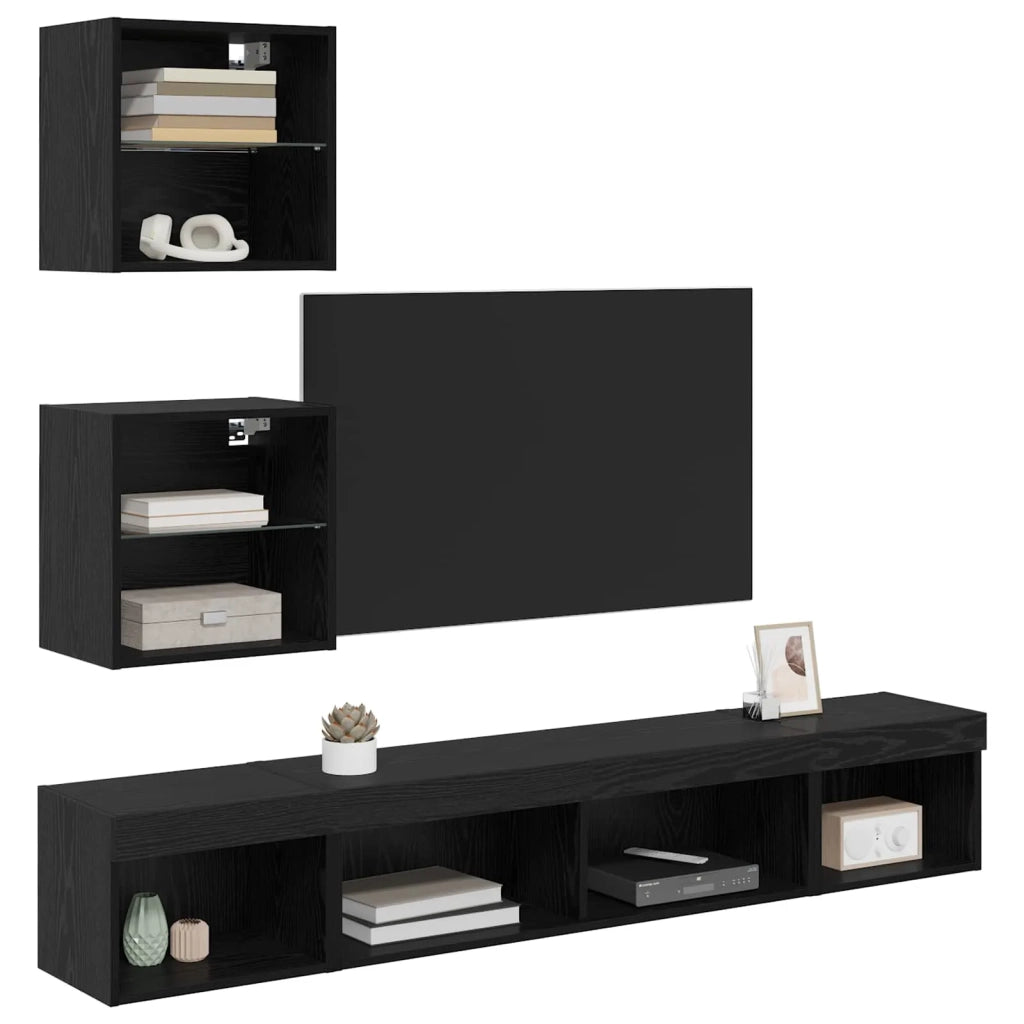 Unità a muro per TV con LED 5 pcs Rovere Nero Legno multistrato