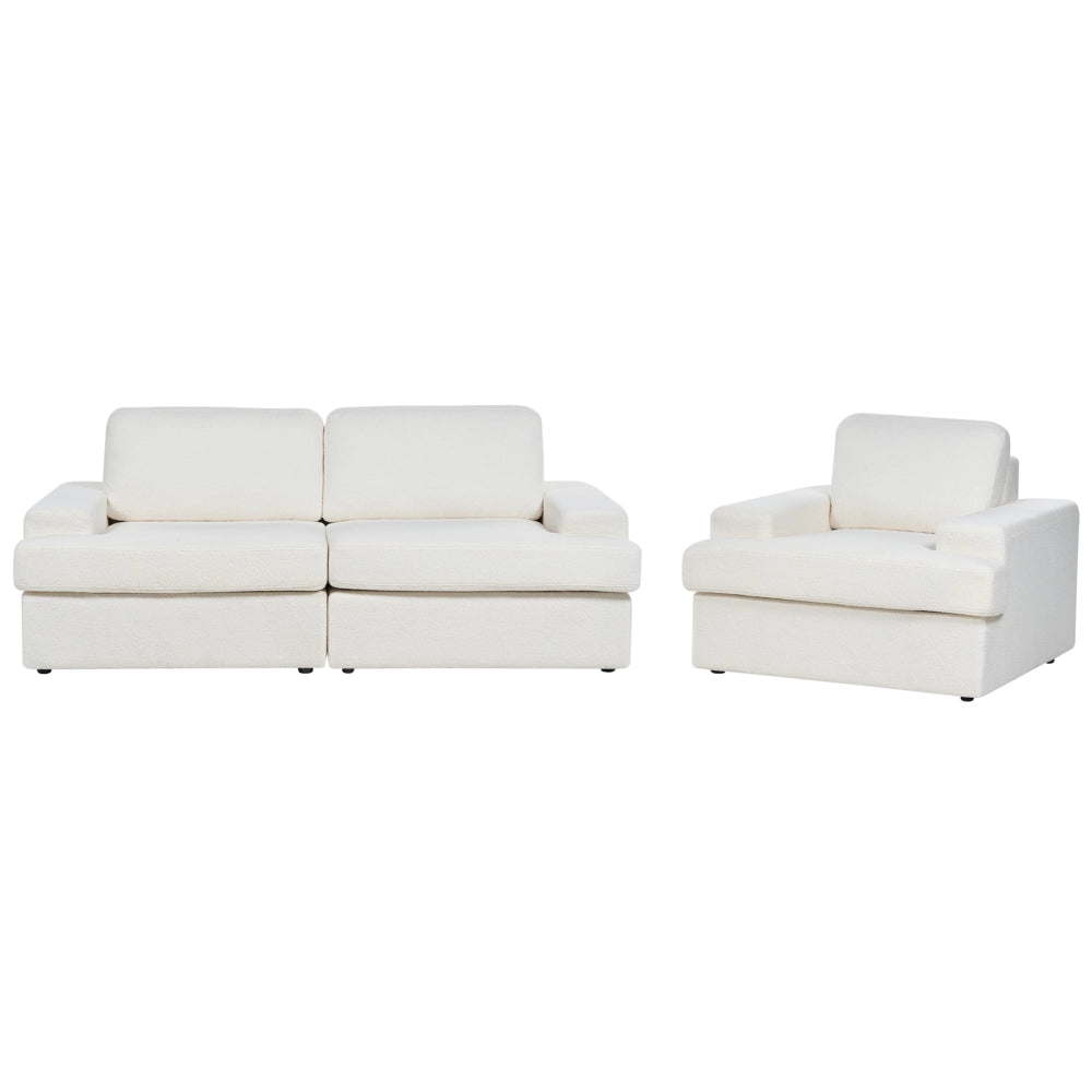 Set da salotto in bouclé bianco imbottito a 4 posti con poltrona, schienale imbottito, divano classico per il soggiorno.