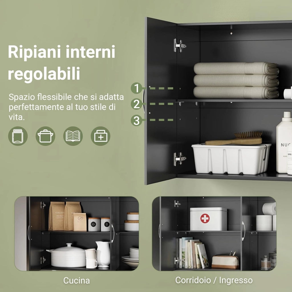 Pensile Bagno - Mobile Bagno Sospeso con Ripiani Regolabili - Mobiletto Salvaspazio per Cucina e Lavanderia - Armadietto Bagno a Parete Moderno, 90x30x60 cm, FRG231-L-SCH