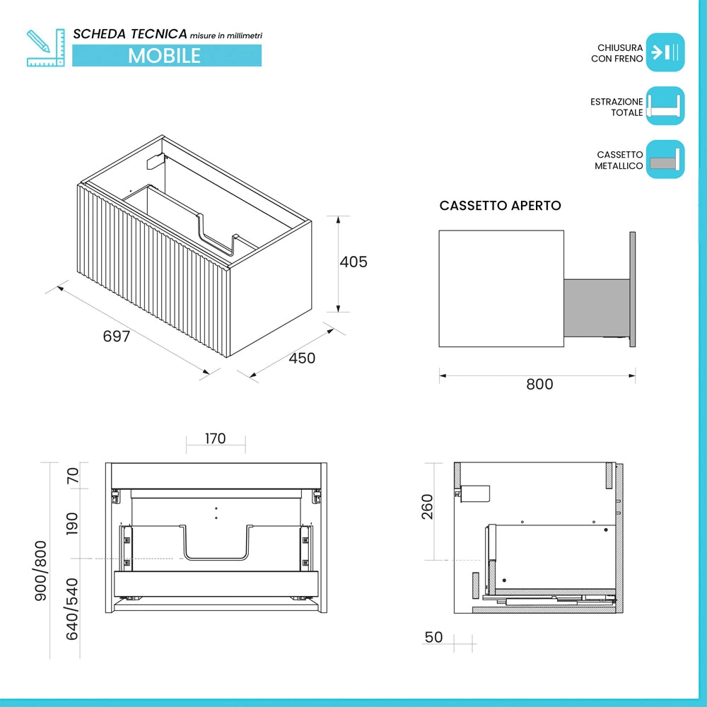 Mobile bagno sospeso 70 cm cappuccino cannettato con cassetto e lavabo Nara