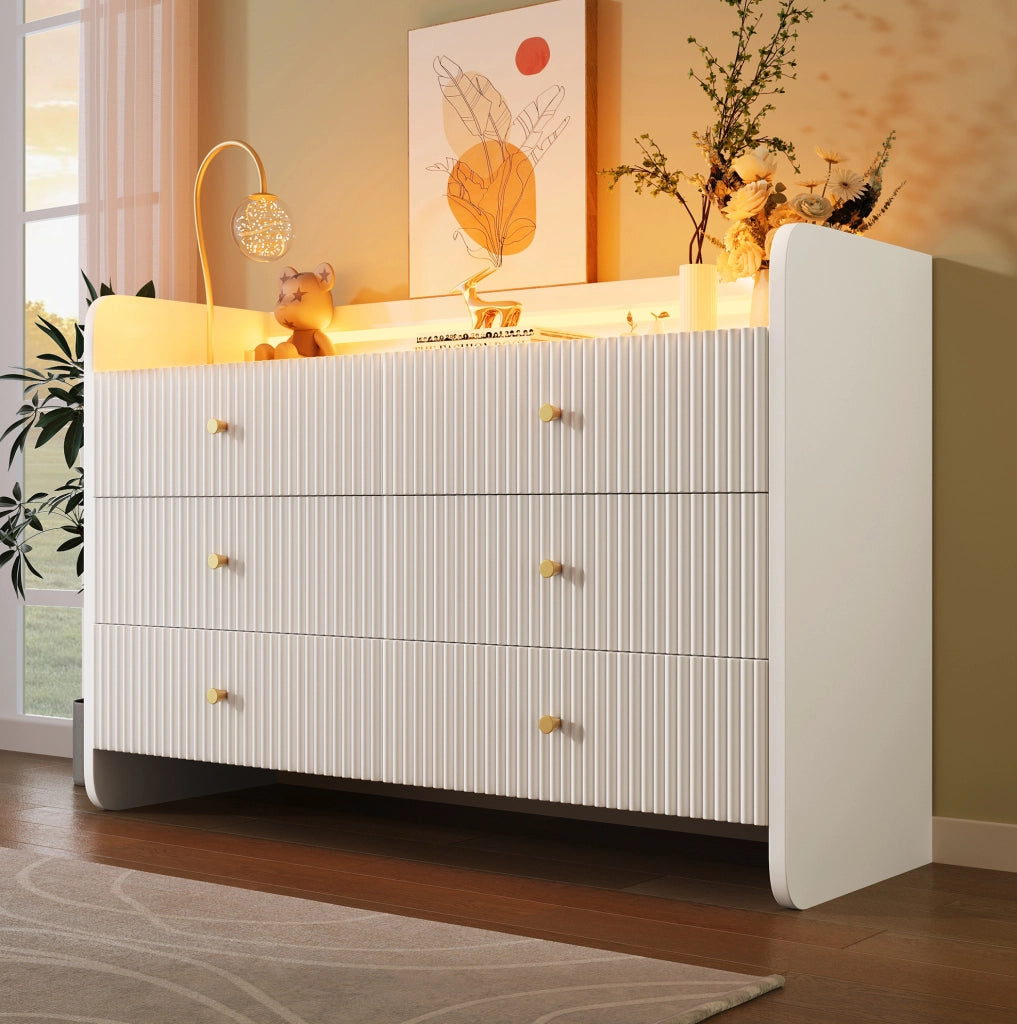 Credenza moderna con LED; 6 cassetti e vano aperto 120x40x75 cm; bianca