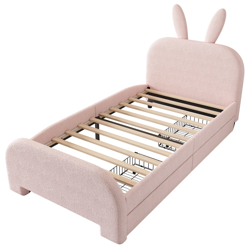 OKWISH Letto Bambini 90×200 cm, Letto Singolo con 2 Cassetti, Testiera a Coniglio e Contenitore, senza Materasso, Rosa