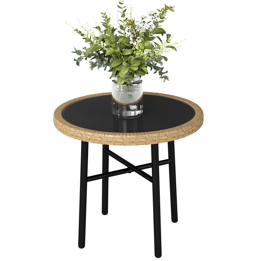 Tavolino da giardino rotondo ¨C Minimal ¨C resina intrecciata, piano in vetro temperato, 46x46x43cm, colore naturale