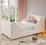 Letto per bambini 90x200 cm con sponde imbottite; luce notturna; USB C; velluto beige