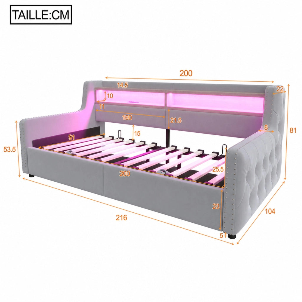 DESMIU Letto divano 90 × 200 cm 1 piazza con contenitore idraulico, LED, USB e Type-C, senza materasso, velluto grigio