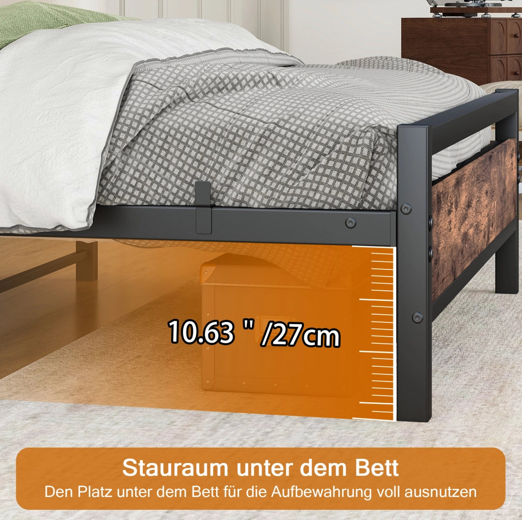 Letto ULEVR 140x190 cm in metallo e MDF, con rete a doghe e spazio sottostante, marrone antico