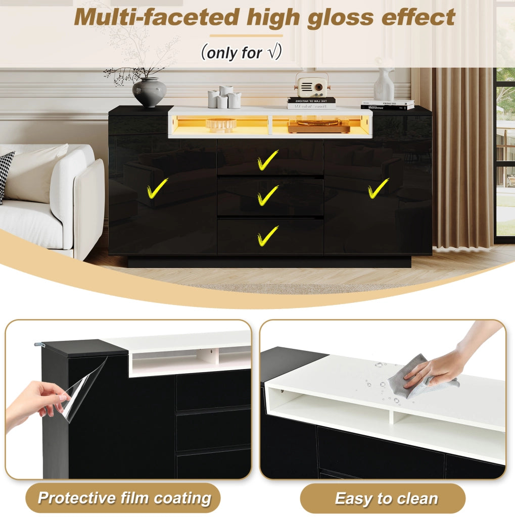 Credenza ULEVR 140x40x68 cm con 2 ante, 3 cassetti, ripiani semiaperti e LED, nero lucido