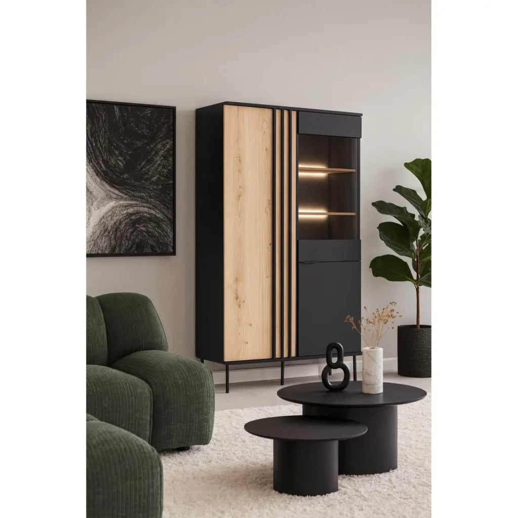 Vetrina design IZO – 2 porte – Nero onice & Rovere chiaro – 110x195x40 cm
