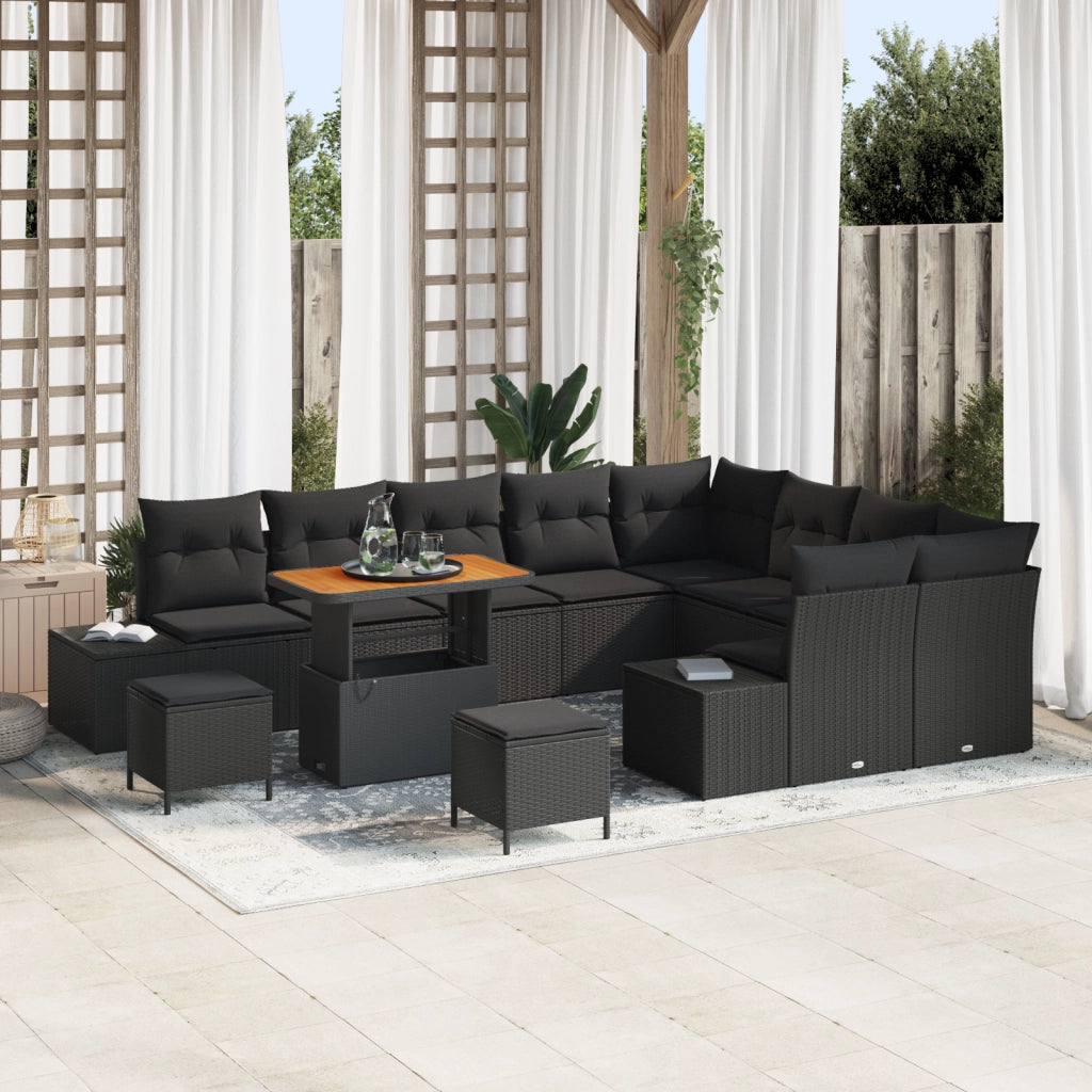 Set Divano da Giardino da 12 Pezzi con Cuscini Nero Polyrattan Acacia