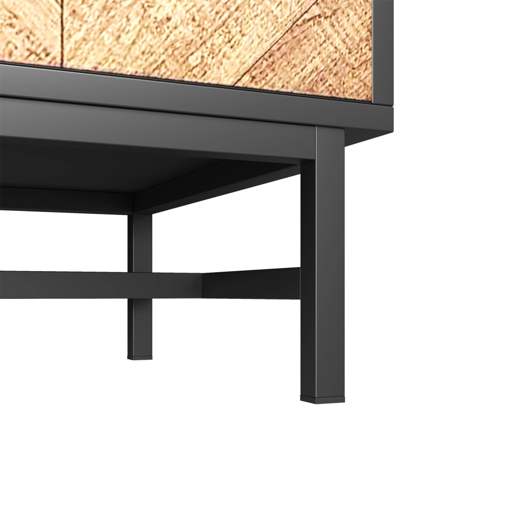 Mobile TV 150x38x50.5 cm; ampio spazio con vani e armadi; pannello truciolare e ferro; nero e colore naturale