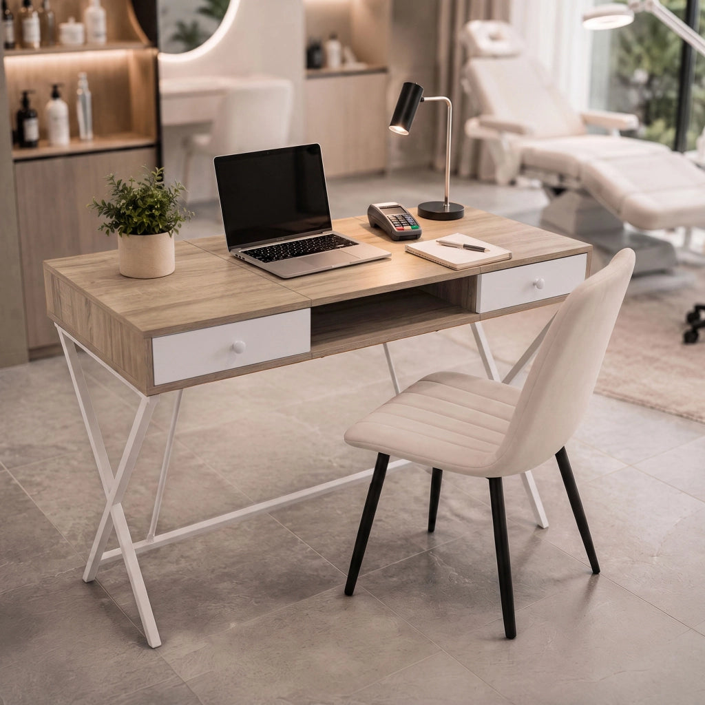 Scrivania PC industriale Rovere Sonoma CROSSLINE 120 cm 2 cassetti 1 ripiano gambe bianche