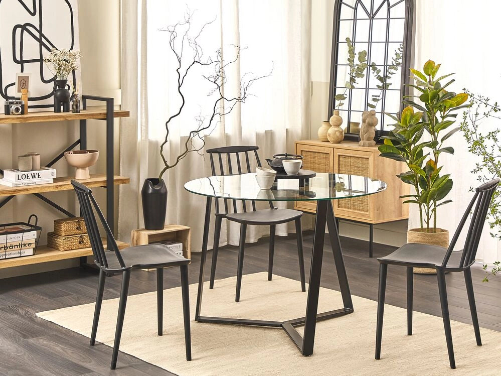 Tavolo da pranzo Gambe in metallo Nero Piano rotondo in vetro temperato 100 cm Capacità 4 persone Design moderno