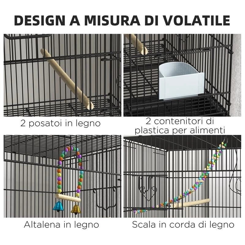 GABBIA PER UCCELLI IN ACCIAIO E PP, DESIGN IMPILATO CON POSATOI, ALTALENE E SCALETTE, 77X46X164 CM, NERO