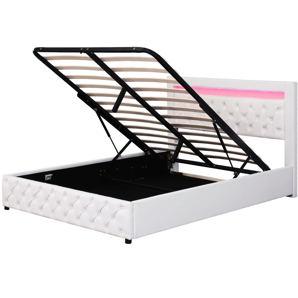 Letto matrimoniale imbottito 140x190 cm con contenitore; rete a doghe; LED; PU bianco