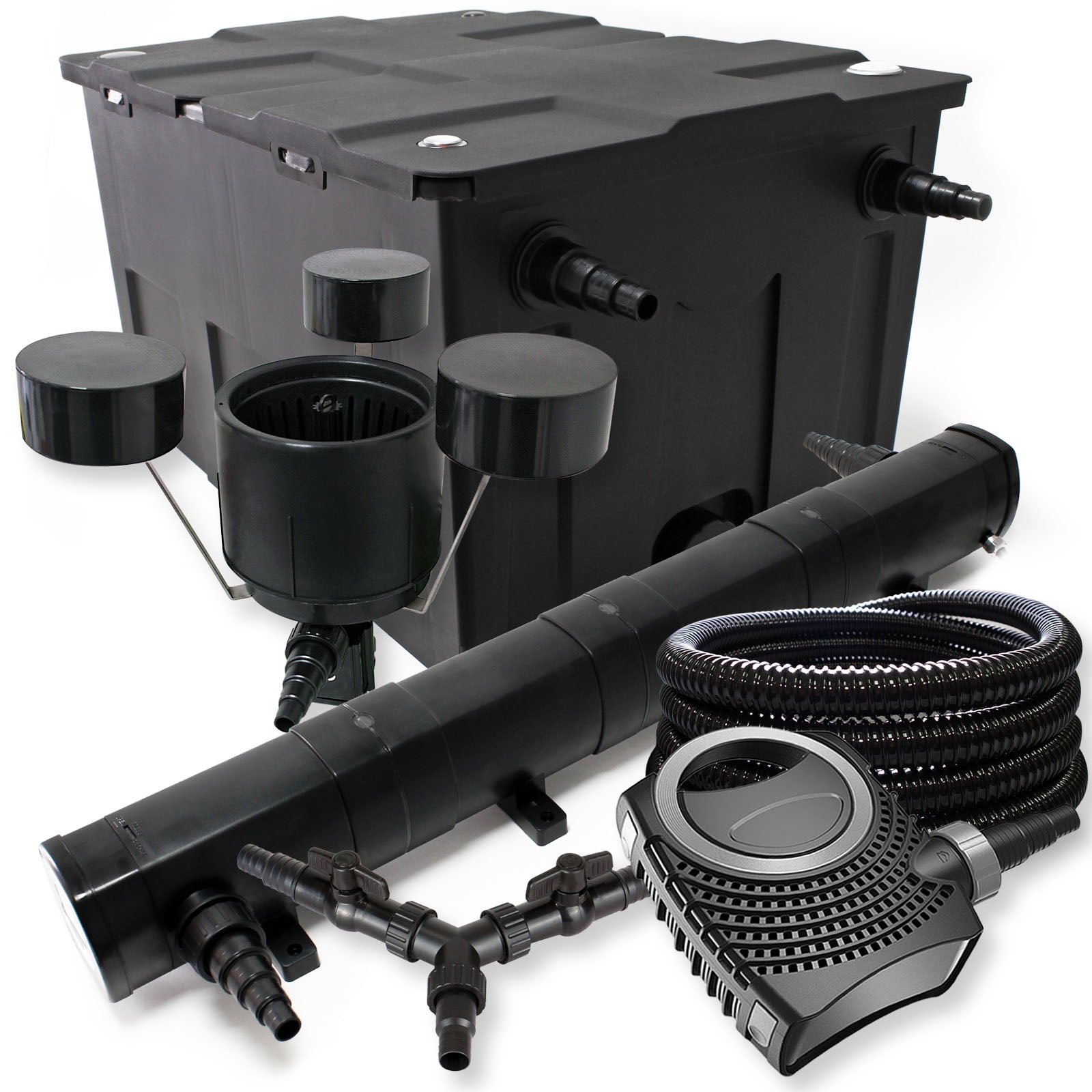 Set Filtro 60.000l Chiarificatore laghetto 72W Pompa NEO10000 80W Tubo 25m Skimmer