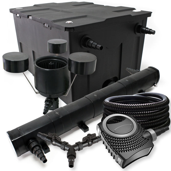 Set Filtro 60.000l Chiarificatore laghetto 72W Pompa NEO10000 80W Tubo 25m Skimmer