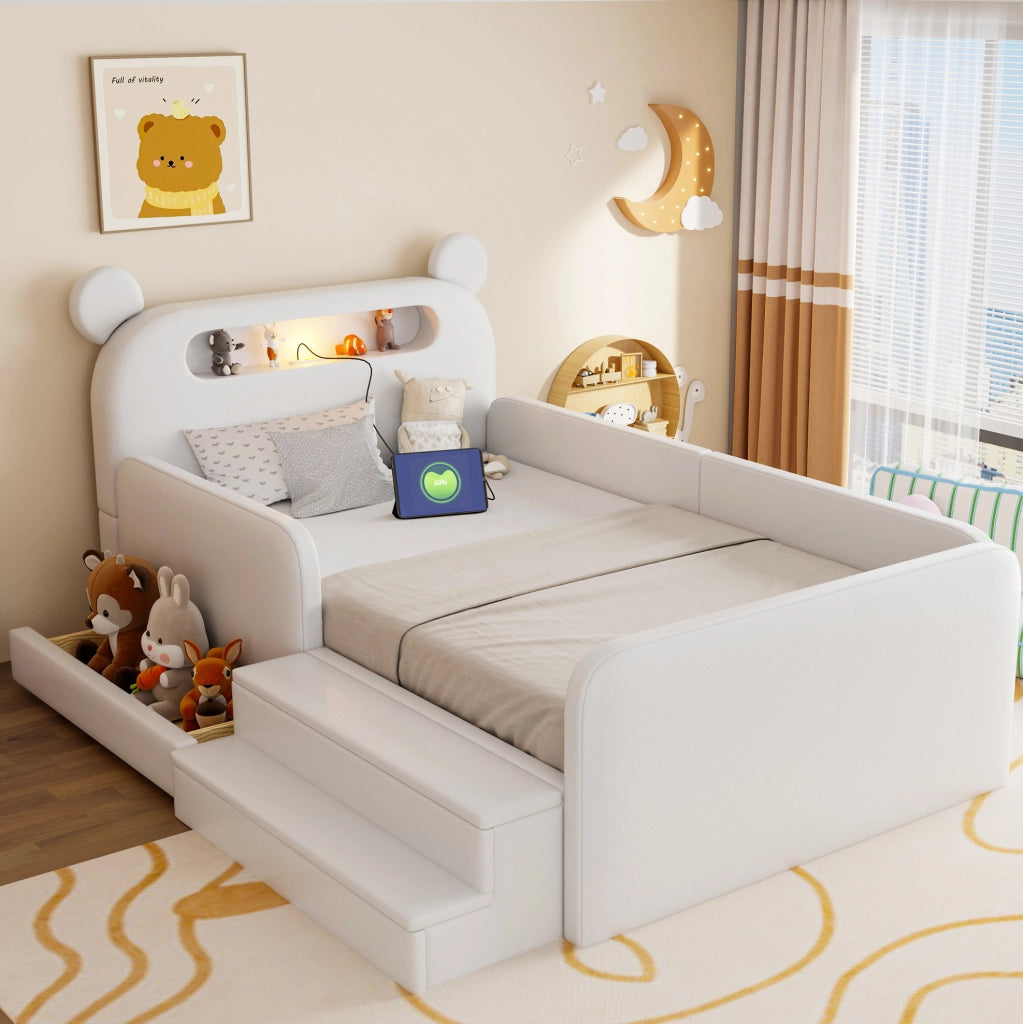 Letto imbottito modulare per bambini 90x200 cm con testiera orso; luce LED; USB e contenitore; bianco