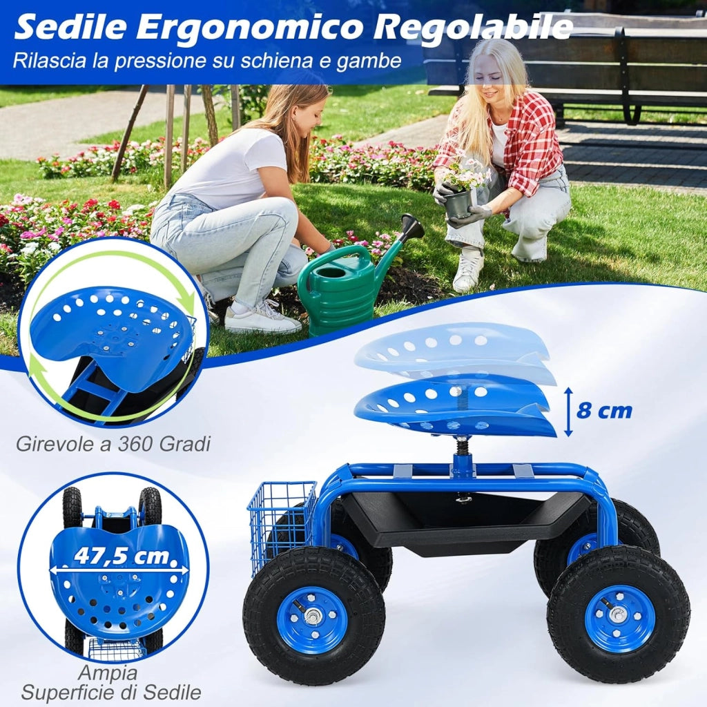 Sgabello da Giardino, Sgabello per Giardinaggio con Ruote, Sedile Regolabile in Altezza e Girevole a 360°, Cestello e Vassoio, Carrello per Prato e Giardino, Portata 150 kg (Blu)