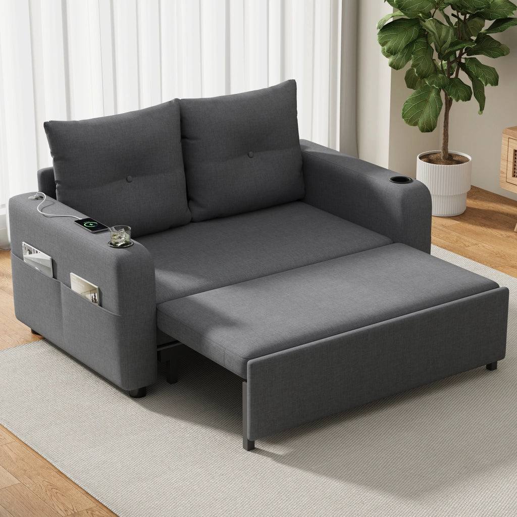Divano letto 2 posti - con funzione letto; portabicchieri e USB - in cotone lino grigio