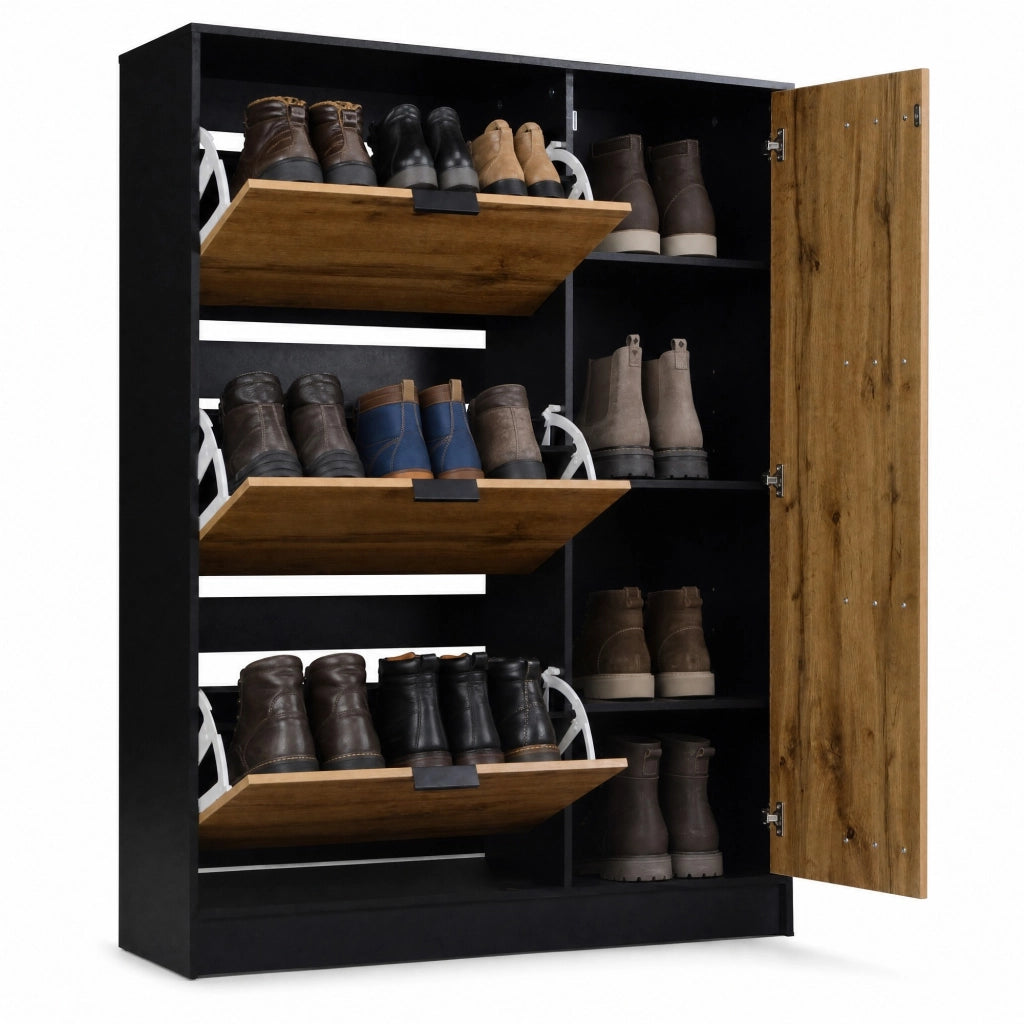 Scarpiera salvaspazio 100x30x130 cm in MDF; 3 ante ribaltabili e 1 vano chiuso; naturale e nero