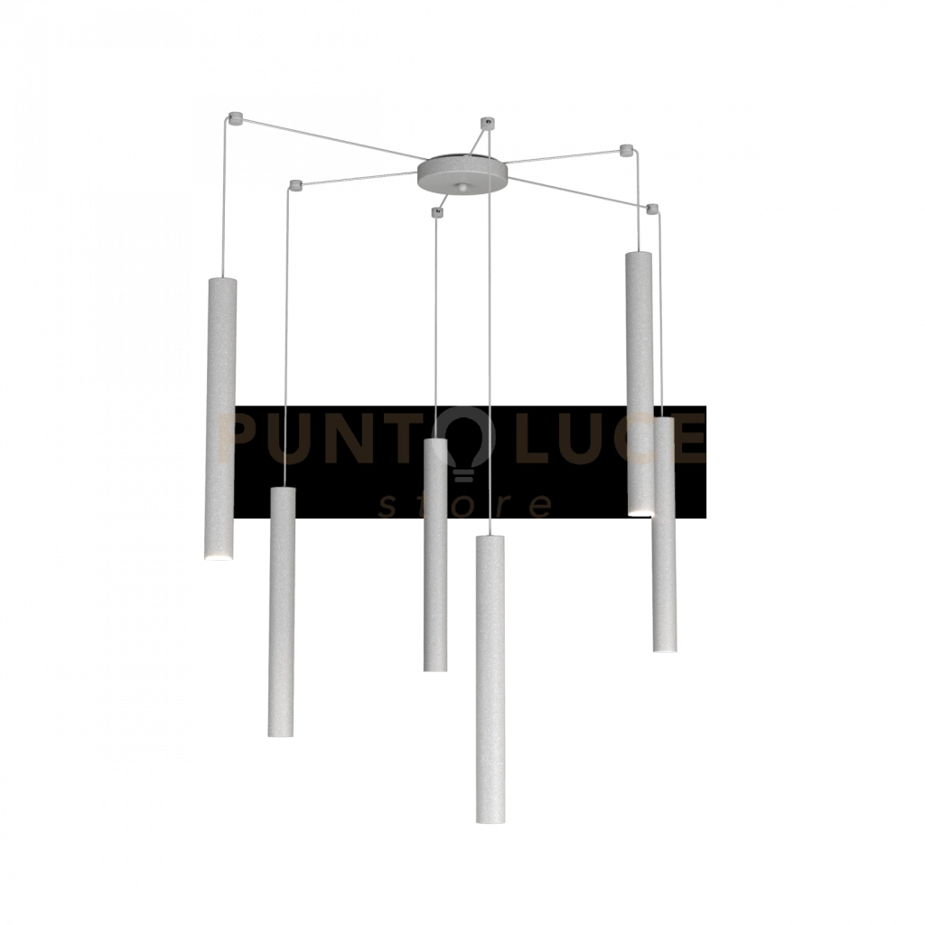 ROUND TUBE SOSPENSIONE 6 LUCI GRIGIO CAVO CM.250 CON BASE 1174-S6-GR