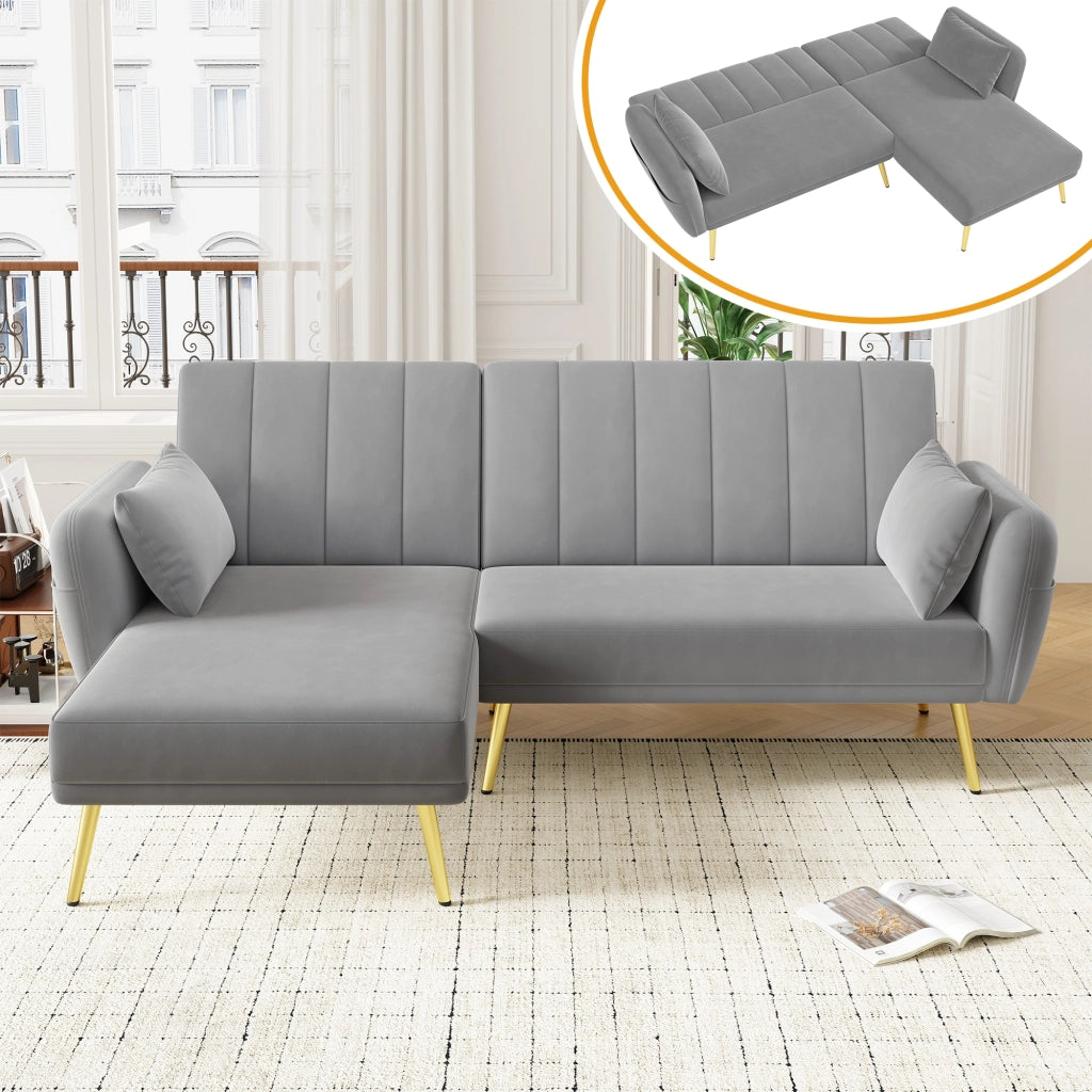 Divano angolare letto 2-3 posti - con schienale regolabile e tasche laterali - in velluto grigio