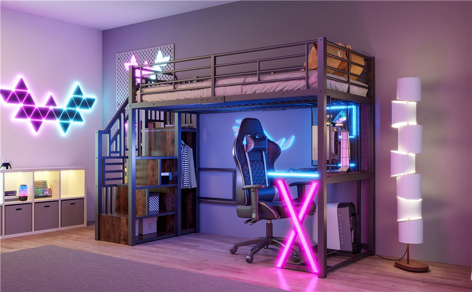 DESMIU Letto a soppalco 1 posto con LED, scala contenitore, scrivania e armadio 90 × 200 cm, senza materasso