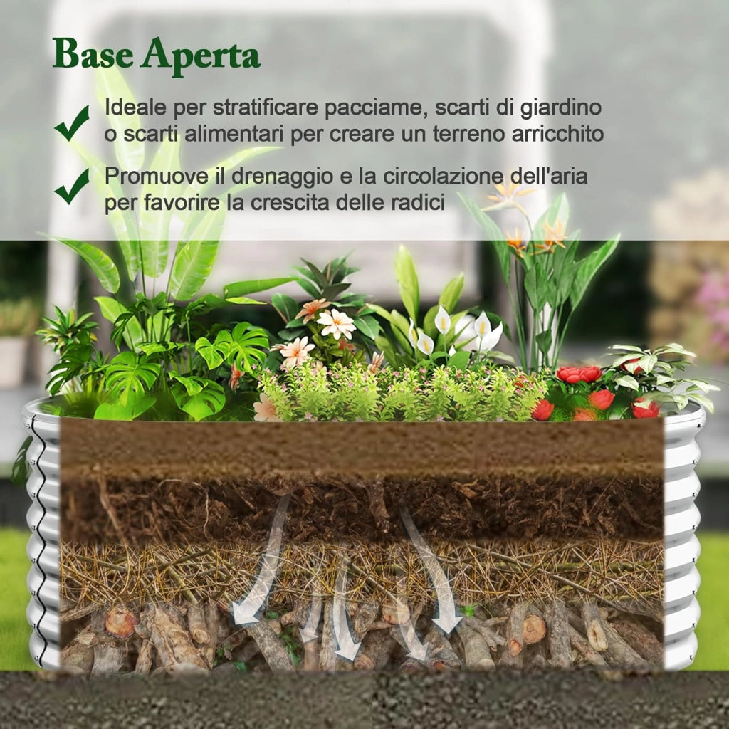 Letto da Esterno Rialzato in Metallo, Aiuola Rialzata in Ovale con Design a Fondo Aperto, Protettori d'Angolo Rinforzati, Orto Rialzato da Esterno per Verdure, Fiori, Erbe Aromatiche (Argento)
