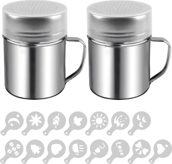 Due succhi di zucchero strozzatori, strozzatori di sale e pepe, strozzatori di polvere, strozzatori di spezie con 16 stencil per caffè