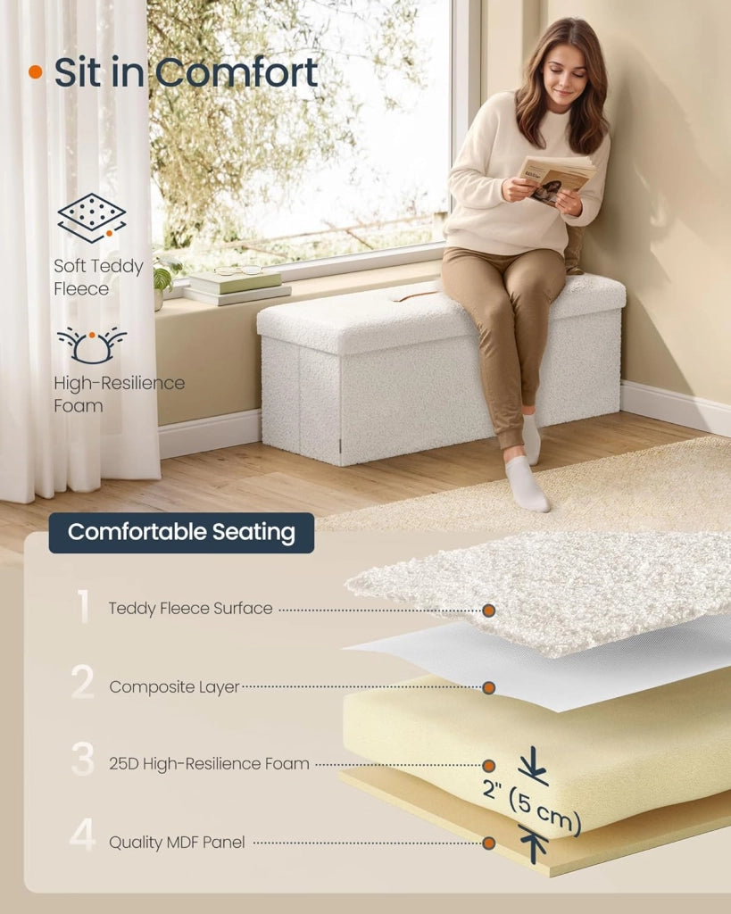 HOME Panca portaoggetti Ottomano, cassapanca 38,1 x 109,4 x 38,1 cm, panca da letto, portata fino a 300 kg, per soggiorno, camera da letto, ingresso, bianco crema ULSF097W01