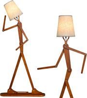Lampada da Terra in Legno, Piantana Umanoide Decorativa ad Angolo con Articolazioni Regolabili, Paralume in Tessuto e Interruttore a Pedale, Lampa a Stelo da Salotto e Camera da Letto