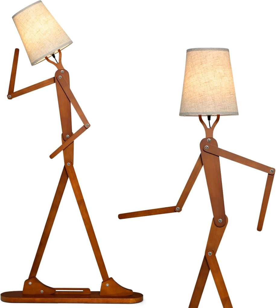 Lampada da Terra in Legno, Piantana Umanoide Decorativa ad Angolo con Articolazioni Regolabili, Paralume in Tessuto e Interruttore a Pedale, Lampa a Stelo da Salotto e Camera da Letto