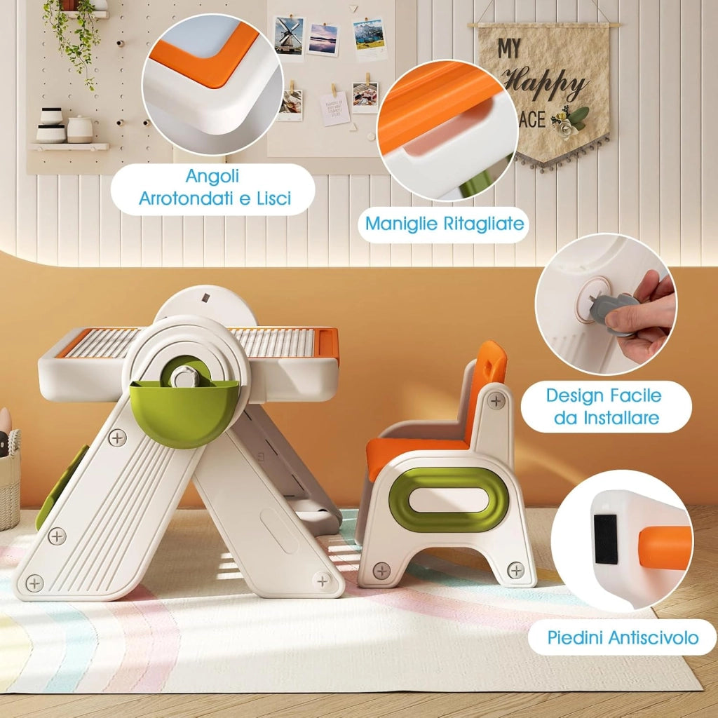 Set Tavolo e Sedia 6 in 1 per Bambini 18+ Mesi, Tavolino Pieghevole con Piano Reversibile, Porta Penne, Cesti Contenitori e Scaffale, Tavolo Salvaspazio per Giochi per Cameretta (Arancione)