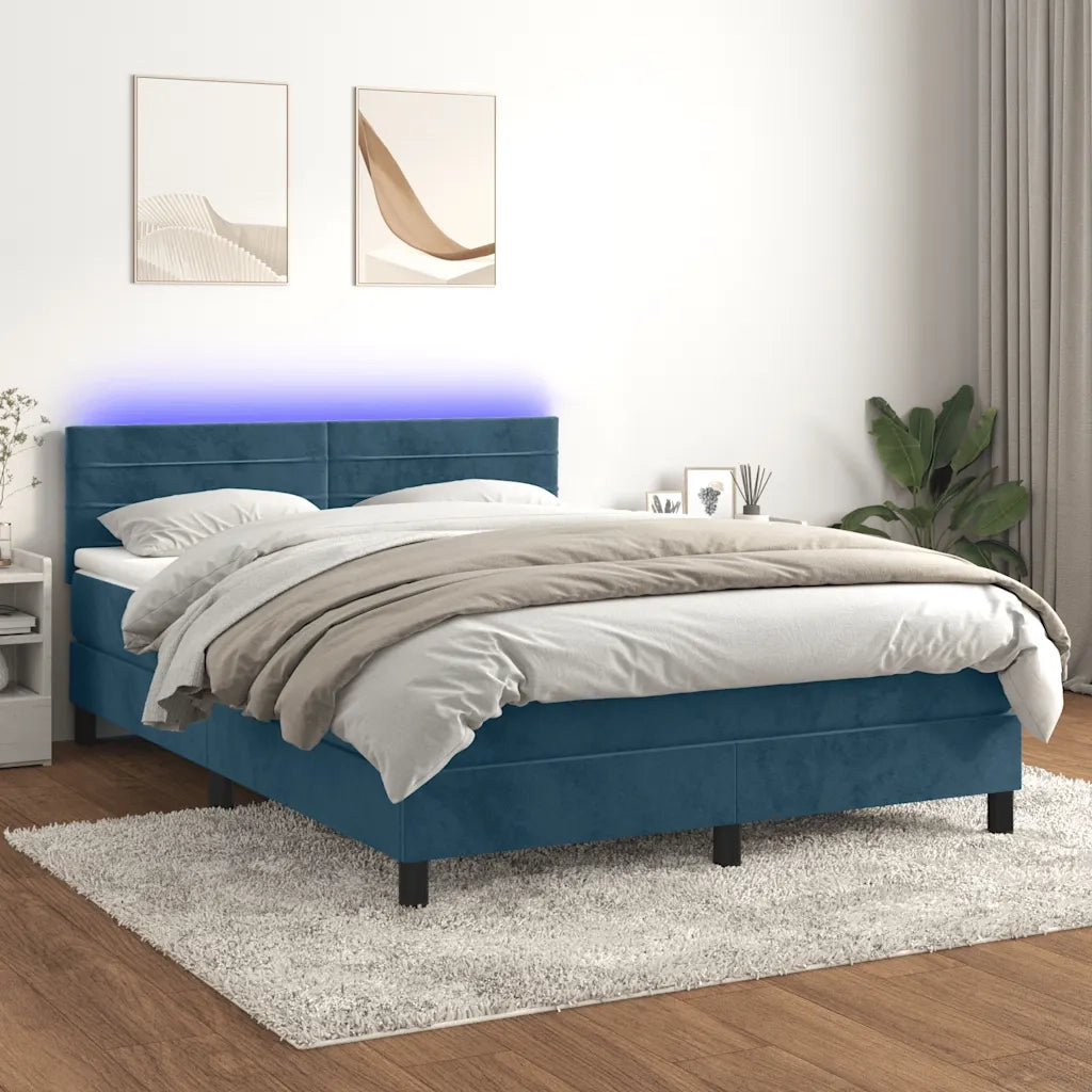 Letto a Molle con Materasso e LED Blu Scuro 140x200 cm