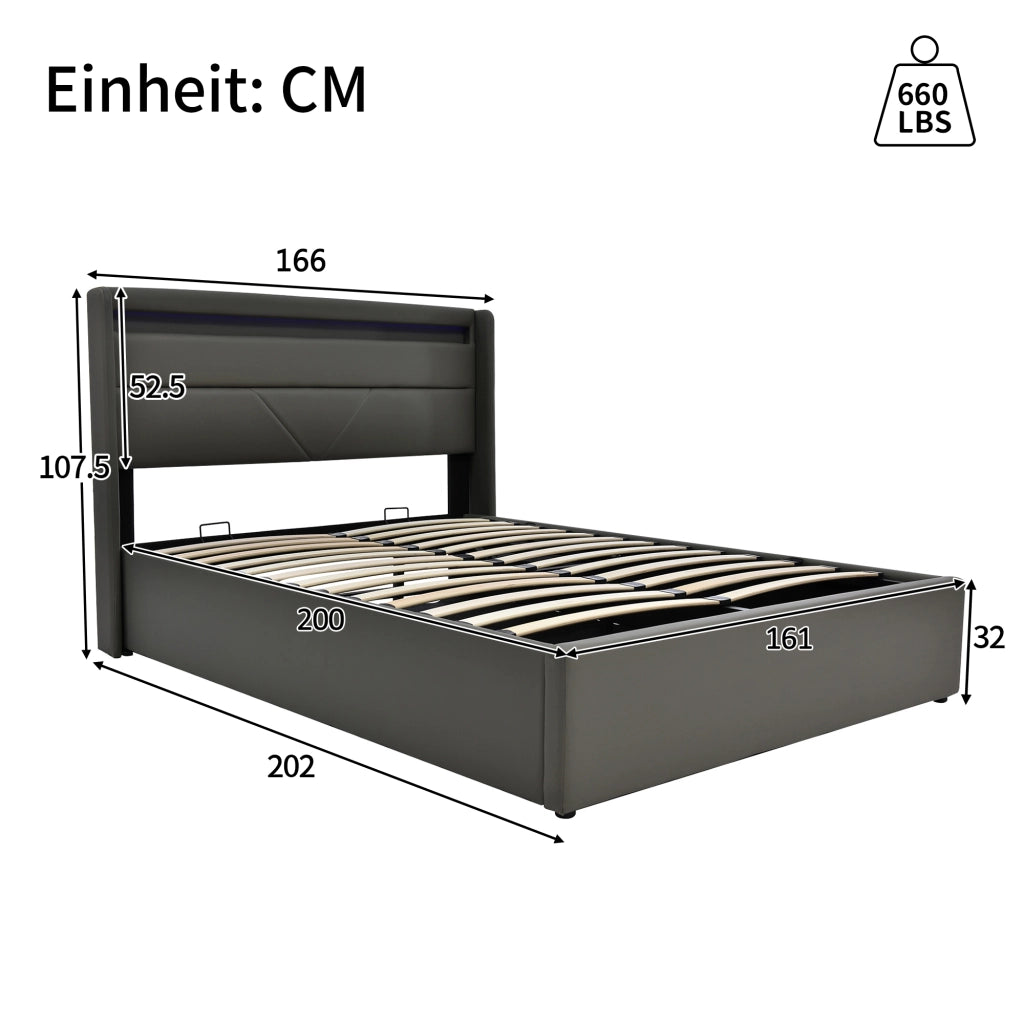 OKWISH Letto Contenitore 160×200 cm, Letto Matrimoniale con Luce LED Regolabile, Telecomando e Sollevamento Idraulico, senza Materasso, PU, Grigio