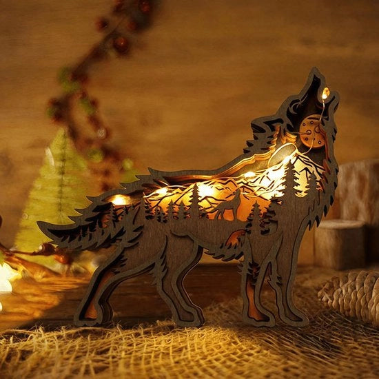 Scultura in legno 3D di un animale, decorazione artigianale con luce LED, boschi di legno, figura di un lupo in legno, decorazione per la casa, ufficio, camera da letto, soggiorno, tavolo, decorazione per parete.