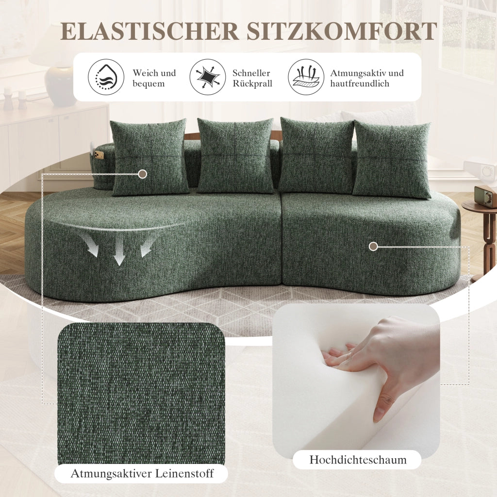 Divano in lino con portabicchieri tasche laterali e 4 cuscini imbottitura in schiuma verde 240 × 109 × 63 cm