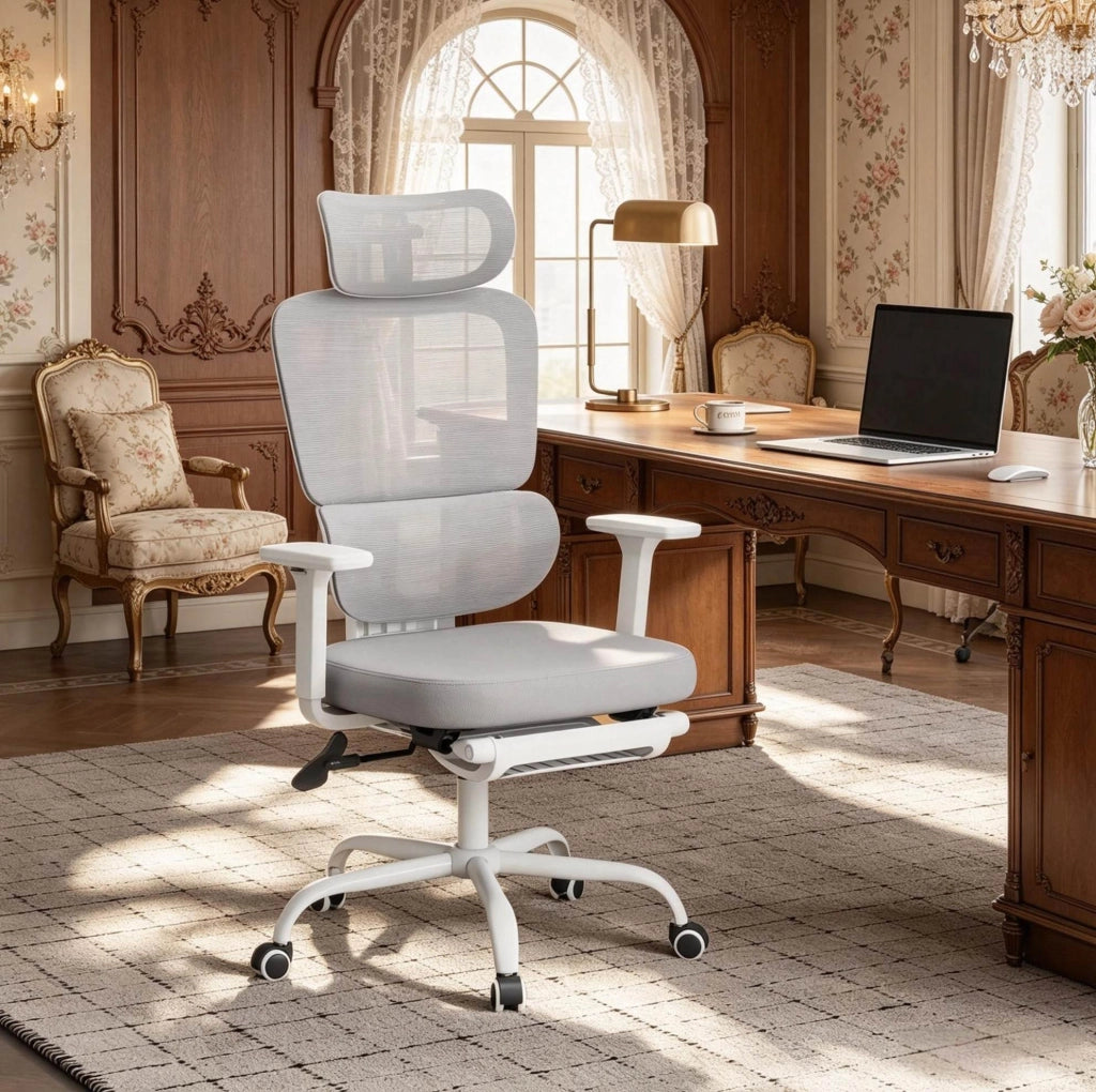 Sedia da ufficio ergonomica grigia con poggiapiedi e rete